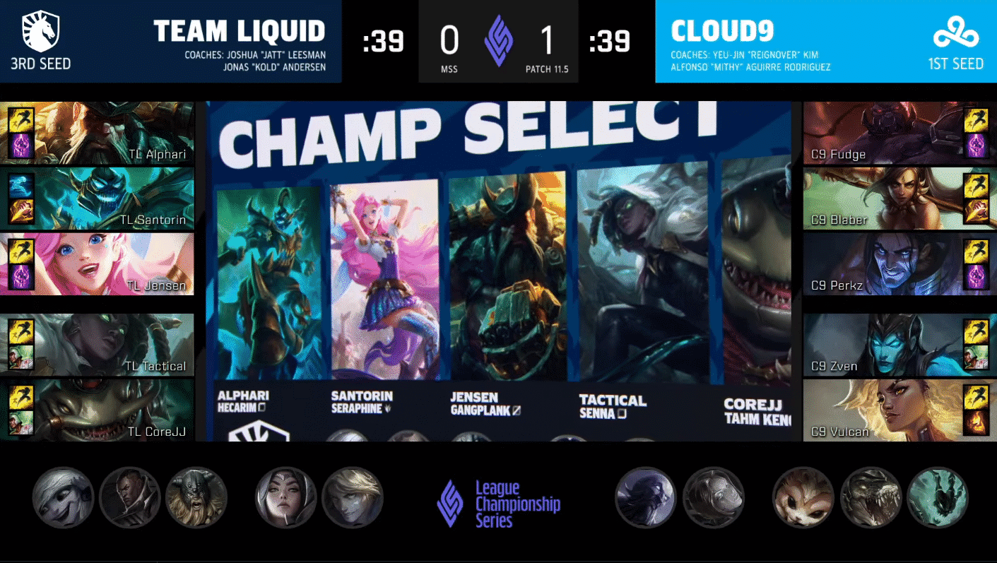 A screenshot from the LCS broadcast for Game Two of the Mid-Season Showdown match between Cloud9 and Team Liquid. The picked and banned champion drafts appear at the bottom of the image with a shot of monitors showing Hecarim, Seraphine, Gangplank, Senna and Tahm Kench in the center.
