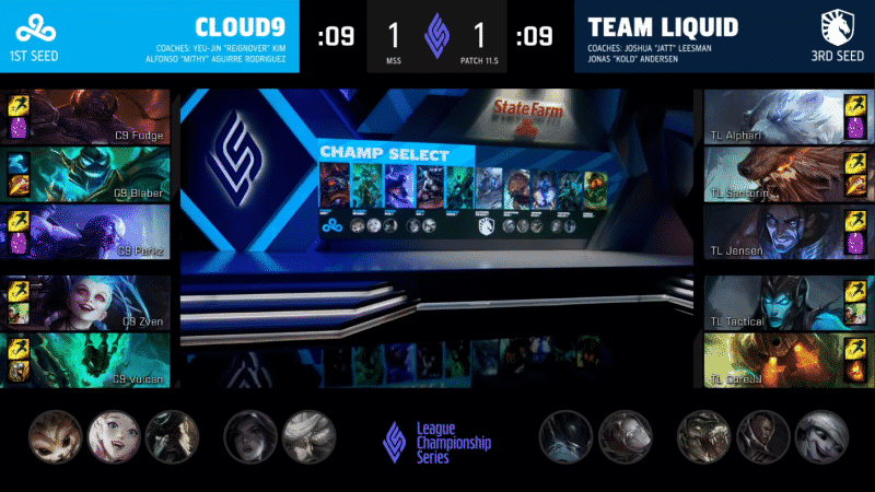 A screenshot from the LCS broadcast for Game Three of the Mid-Season Showdown match between Cloud9 and Team Liquid. The picked and banned champion drafts appear at the bottom of the image with a shot of the LCS studio with a large LCS logo and monitors showing the champions drafted in the center.