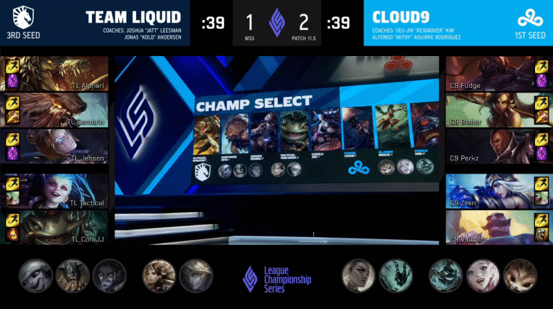 A screenshot from the LCS broadcast for Game Four of the Mid-Season Showdown match between Cloud9 and Team Liquid. The picked and banned champion drafts appear at the bottom of the image with a shot of the LCS studio with a large LCS logo and monitors showing the champions drafted in the center.