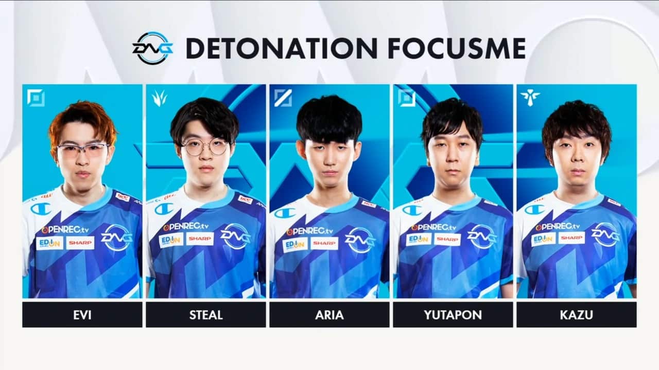 The Detonation FocusMe LoL roster of Evi, Steal, Aria, Yutapon and Kazu appear in their own boxes with their names beneath them and the team's logo above.