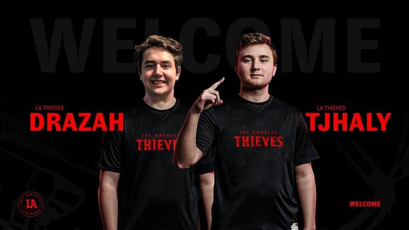 Pro Call of Duty players for 100 Thieves Drazah and TJHaly stand together with Thives shirts on. Their names appear next to them in red with the word "Welcome" above them in faded grey letters.
