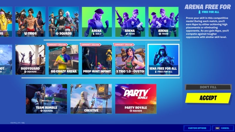 A screen from Fortnite showing a variety of game modes to choose from, with Free for All Arena highlighted.
