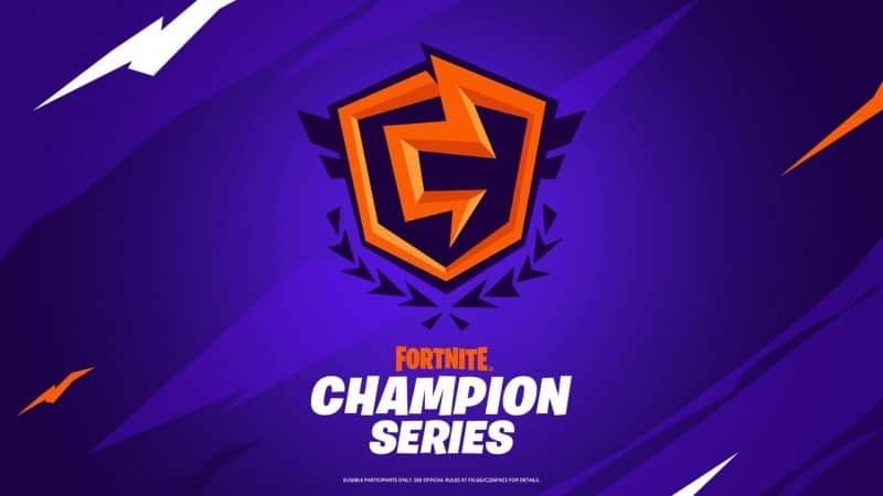 An orange FNCS shield logo appears over the words "Fortnite Champion Series" on a purple background with white and orange lines shooting diagonally upwards.