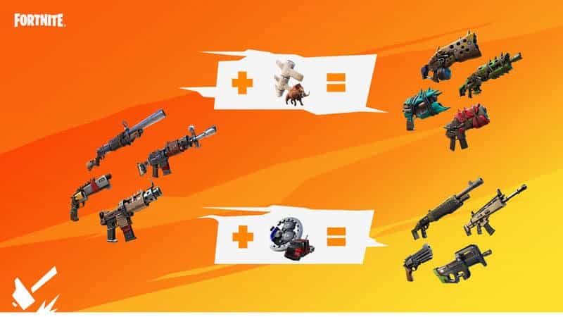 A group of Fortnite guns appears on the left with boxes of component parts with plus symbols in the middle and two groups of various guns to the right of that.