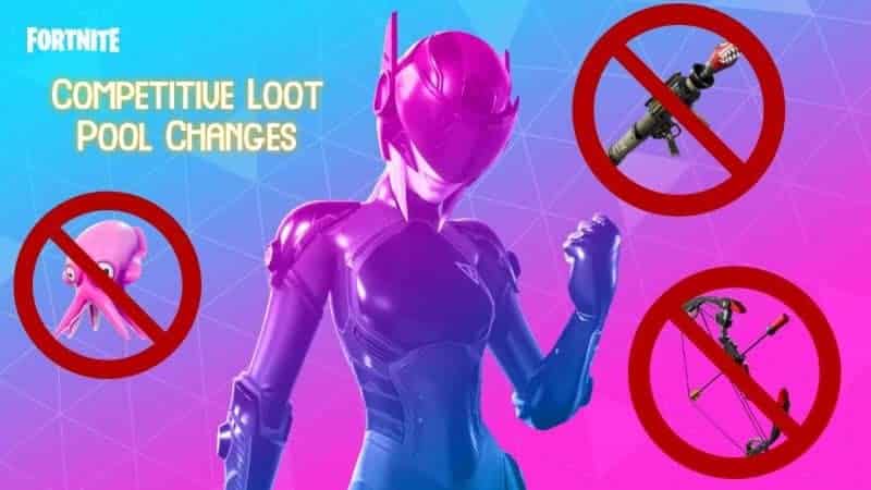 A Fortnite character in futuristic armor appears with the words "Competitive Loot Pool Changes. Three items from the game are fixed around her in red circles with lines crossed through.