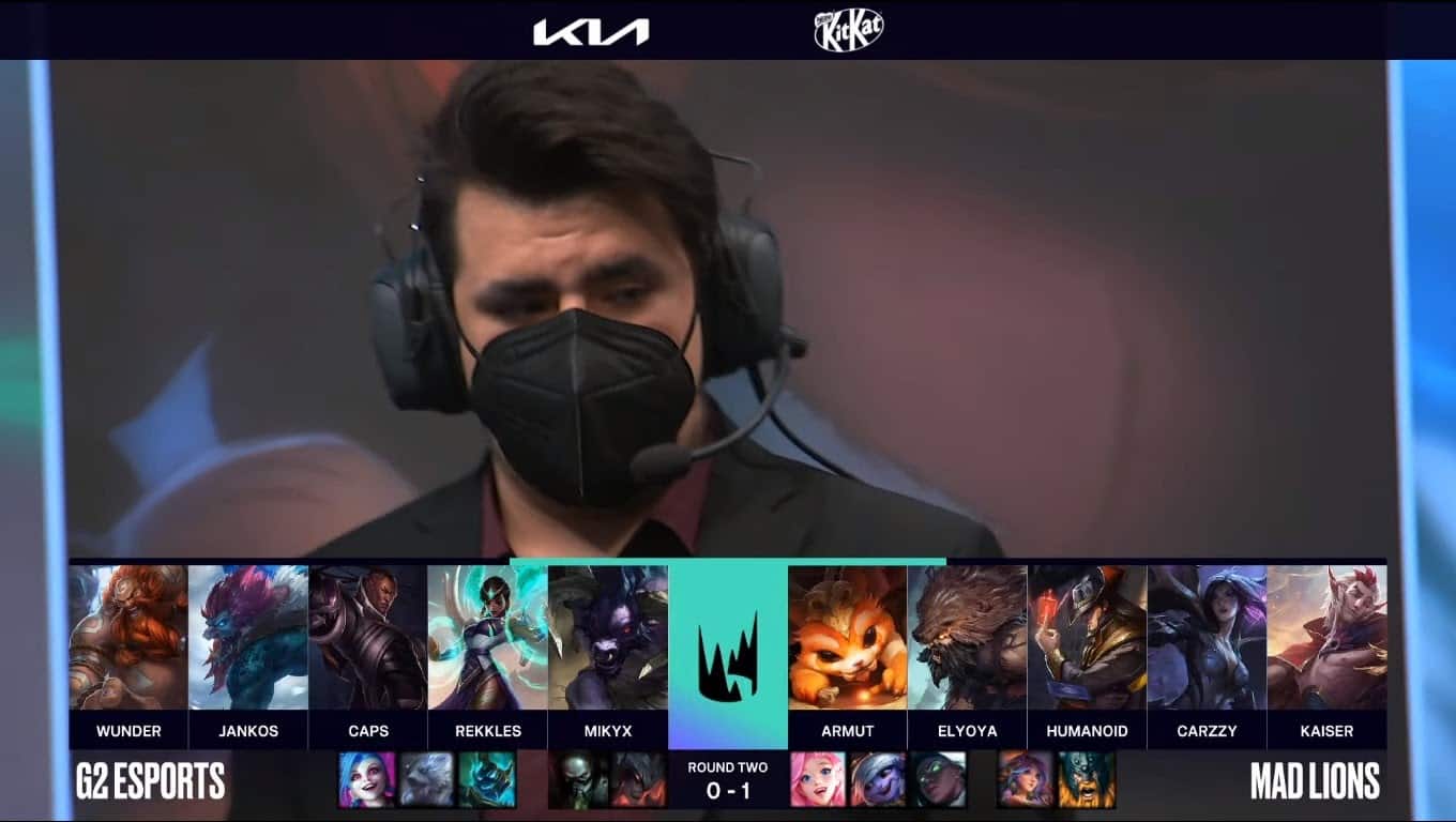 A screenshot from the LEC broadcast for Game Two of the playoffs match between G2 Esports and MAD Lions. The picked and banned champion drafts appear at the bottom of the image with a shot of G2 coach GrabbZ above.
