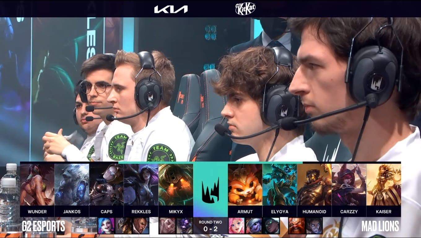 A screenshot from the LEC broadcast for Game Three of the playoffs match between G2 Esports and MAD Lions. The picked and banned champion drafts appear at the bottom of the image with a shot of the MAD Lions lineup above.