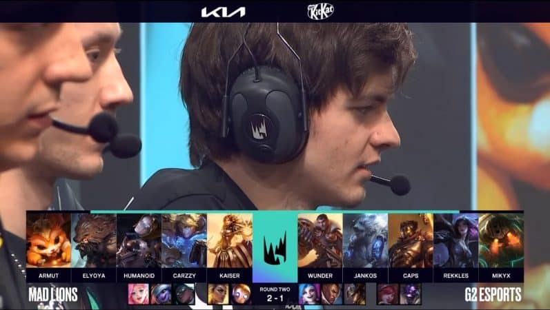 A screenshot from the LEC broadcast for Game Four of the playoffs match between G2 Esports and MAD Lions. The picked and banned champion drafts appear at the bottom of the image with a shot G2 Mickyx above.