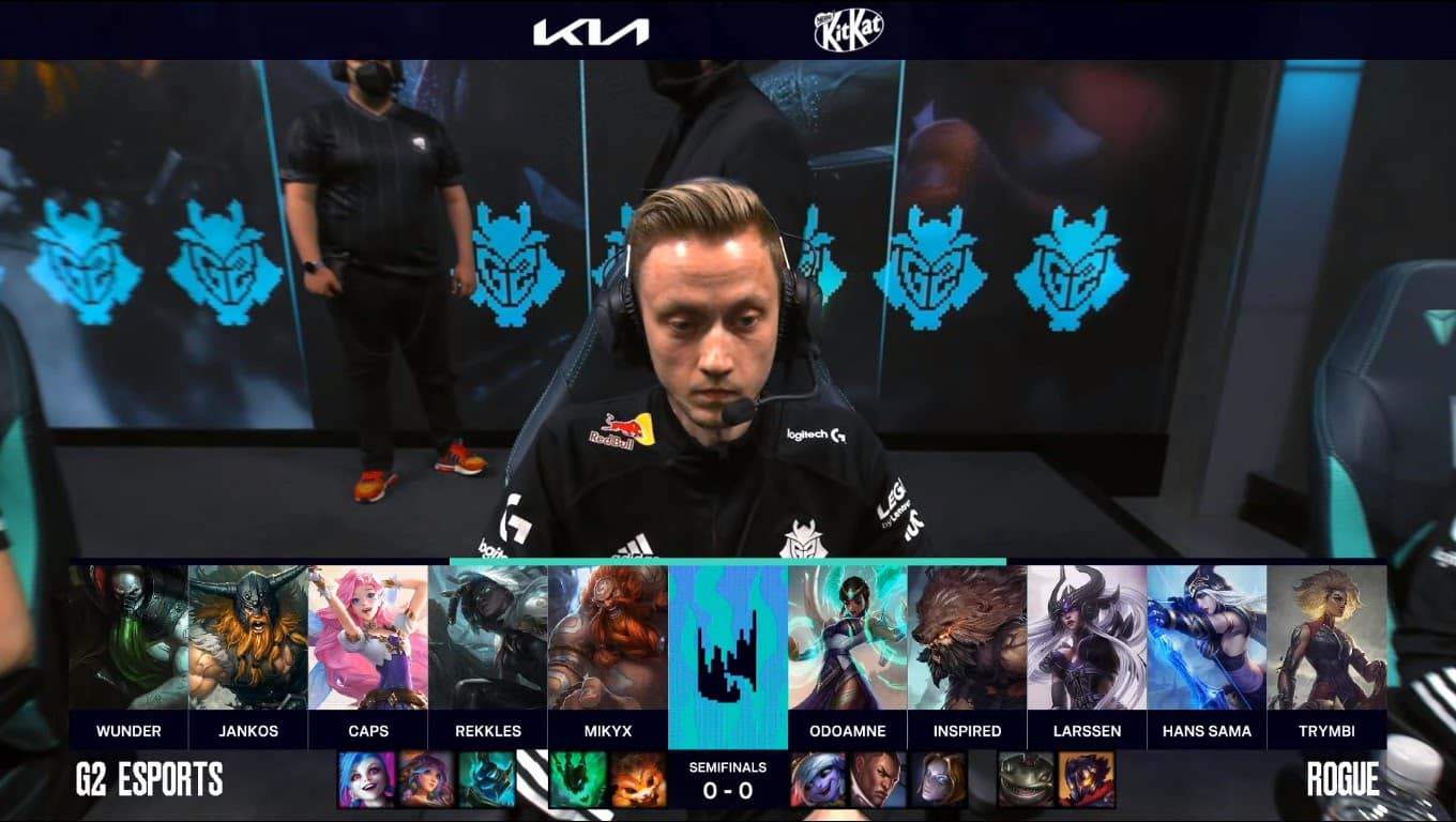 A screenshot from the LEC broadcast for Game One of the playoffs match between G2 Esports and Rogue. The picked and banned champion drafts appear at the bottom of the image with a shot of G2 Rekkles above.