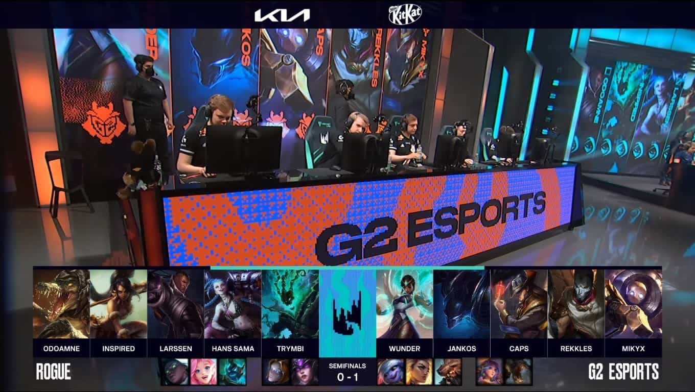A screenshot from the LEC broadcast for Game Two of the playoffs match between G2 Esports and Rogue. The picked and banned champion drafts appear at the bottom of the image with a shot of the G2 roster on the LEC stage above.