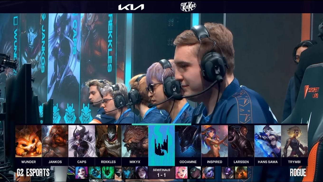 A screenshot from the LEC broadcast for Game Three of the playoffs match between G2 Esports and Rogue. The picked and banned champion drafts appear at the bottom of the image with a shot of the Rogue LEC roster on the LEC stage above.