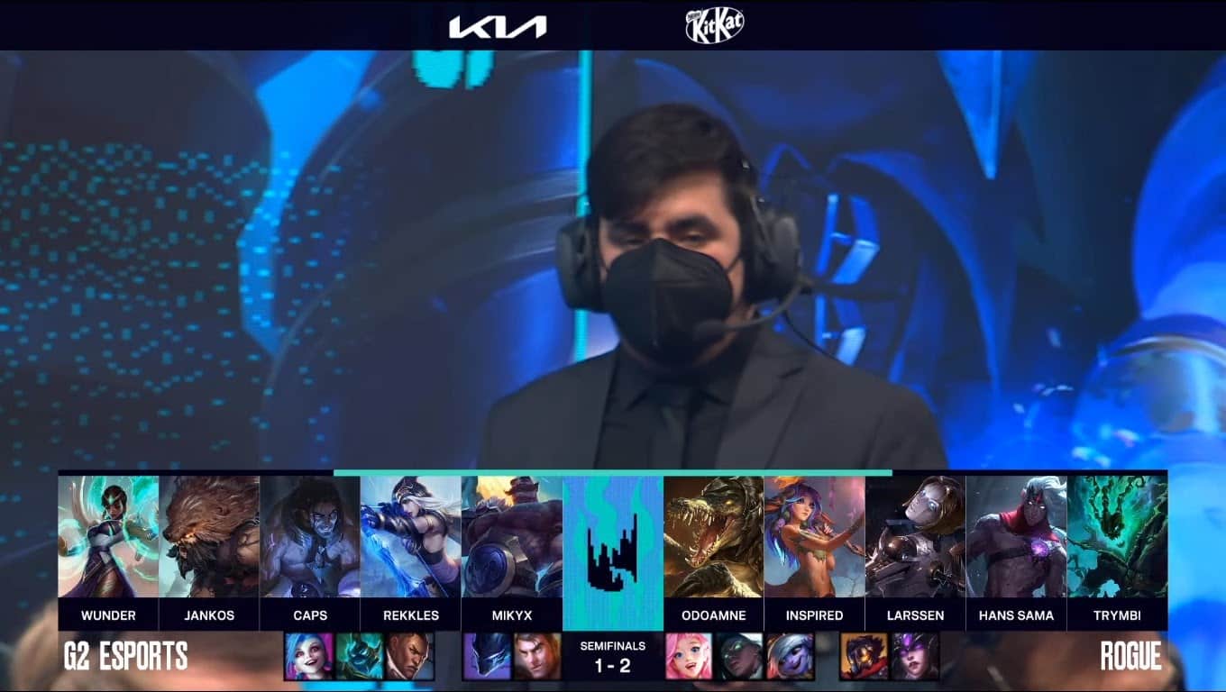 A screenshot from the LEC broadcast for Game Four of the playoffs match between G2 Esports and Rogue. The picked and banned champion drafts appear at the bottom of the image with a shot of G2's coach GrabbZ above.