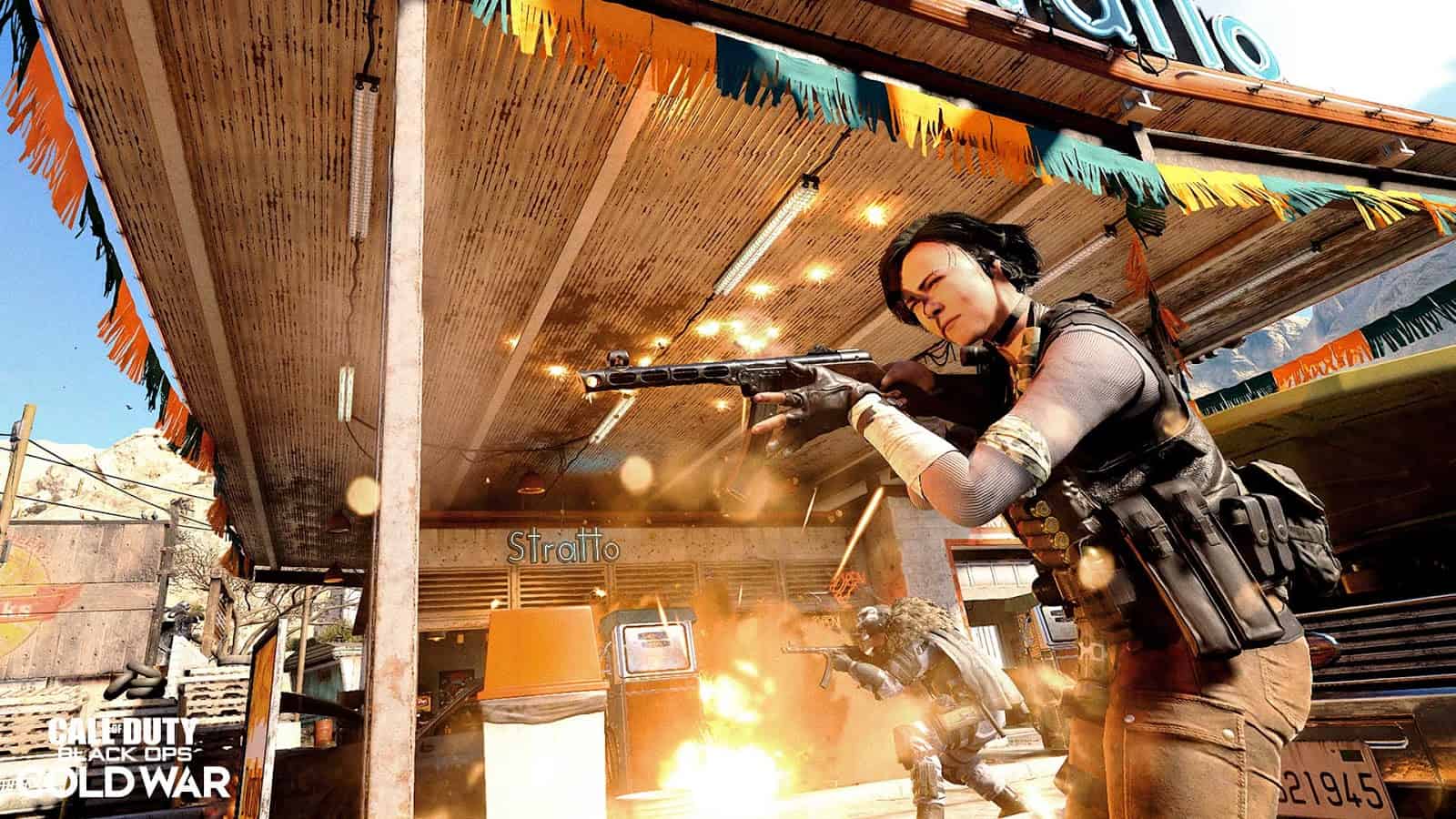 A female soldier fires a PPSH submachine gun in a firefight in Call of Duty Black Ops Cold War.