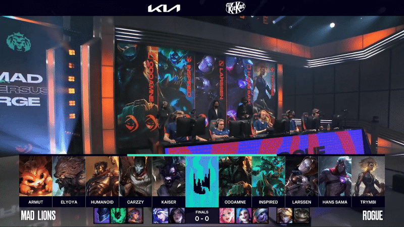 A screenshot from the LEC broadcast for Game One of the LEC Finals match between G2 Esports and Rogue. The picked and banned champion drafts appear at the bottom of the image with a shot of the LEC stage above.