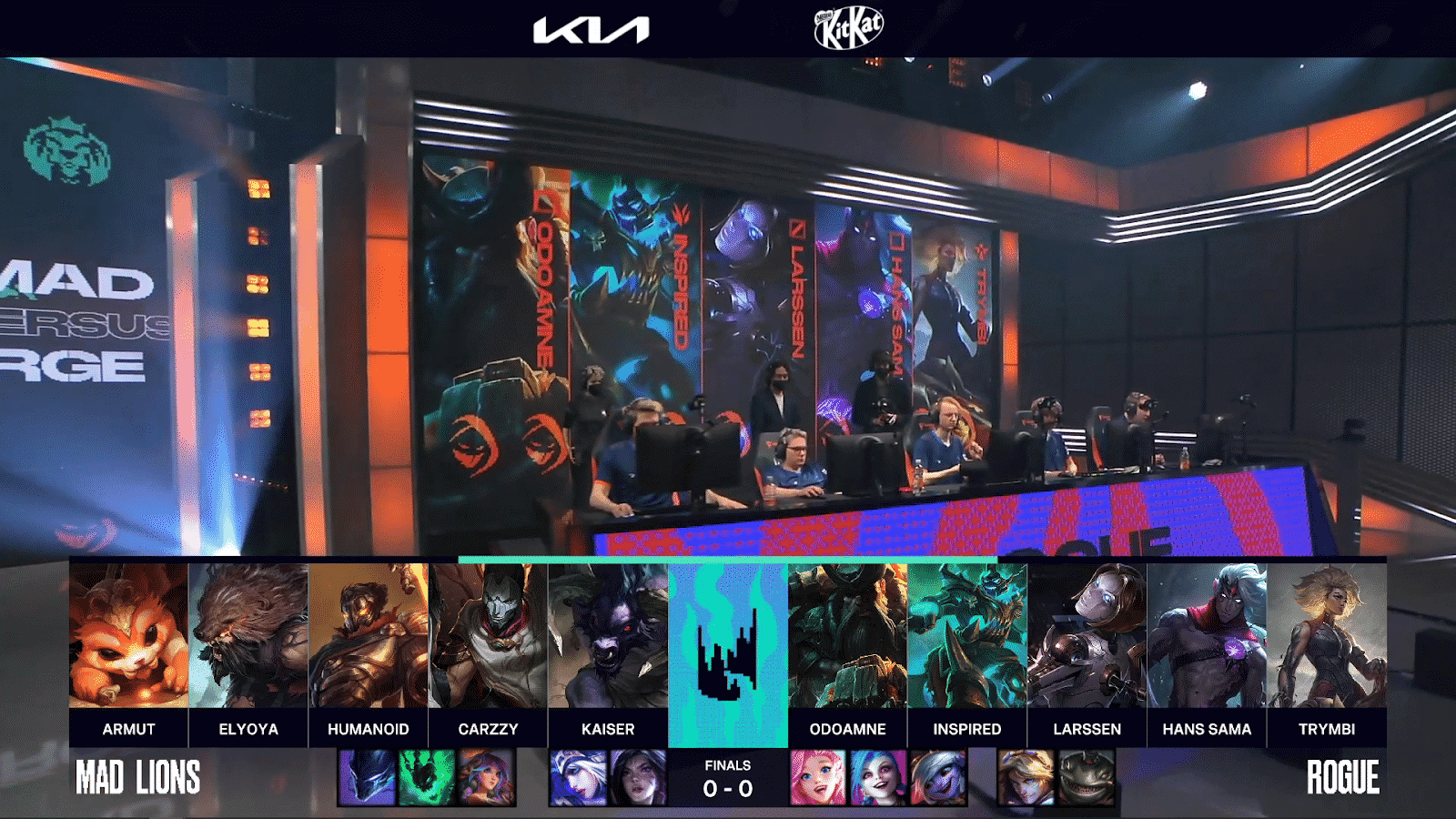 A screenshot from the LEC broadcast for Game One of the LEC Finals match between G2 Esports and Rogue. The picked and banned champion drafts appear at the bottom of the image with a shot of the LEC stage above.