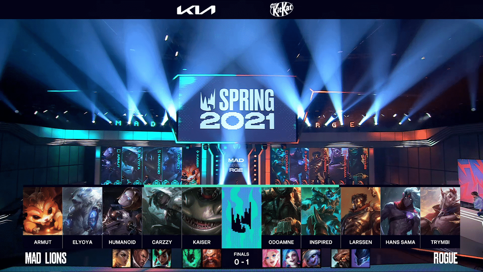A screenshot from the LEC broadcast for Game Two of the LEC Finals match between G2 Esports and Rogue. The picked and banned champion drafts appear at the bottom of the image with a shot of the LEC stage above.