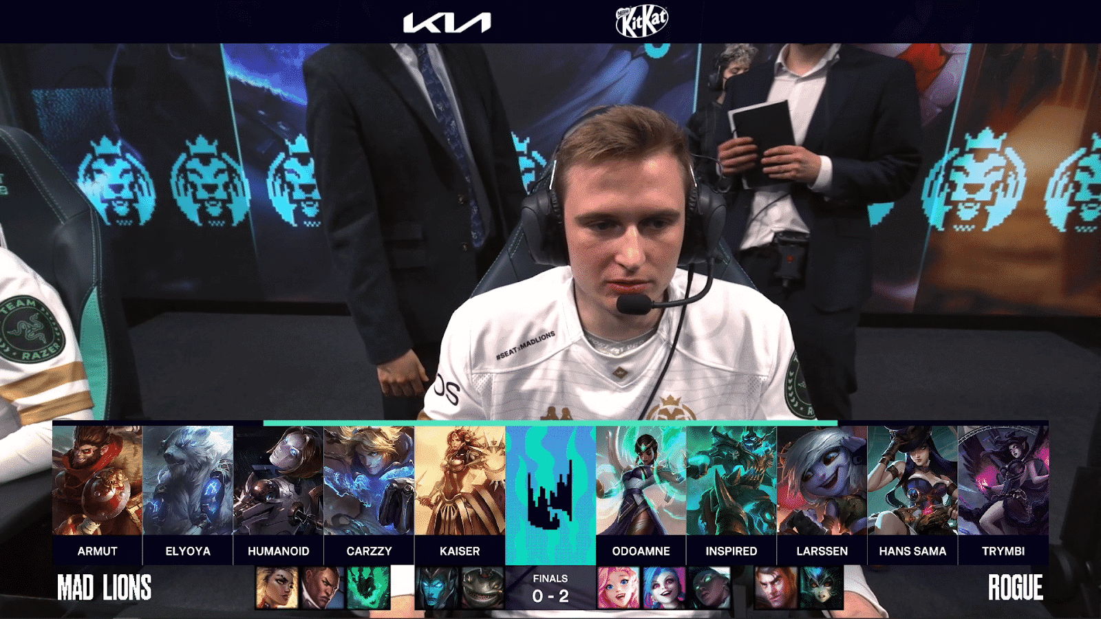 A screenshot from the LEC broadcast for Game Three of the LEC Finals match between G2 Esports and Rogue. The picked and banned champion drafts appear at the bottom of the image with a shot of MAD Lions' mid laner Humanoid above.