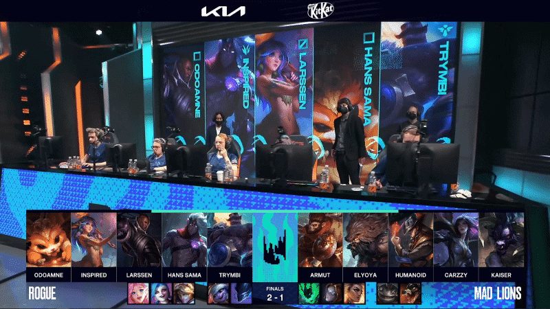 A screenshot from the LEC broadcast for Game Four of the LEC Finals match between G2 Esports and Rogue. The picked and banned champion drafts appear at the bottom of the image with a shot of the LEC stage above.
