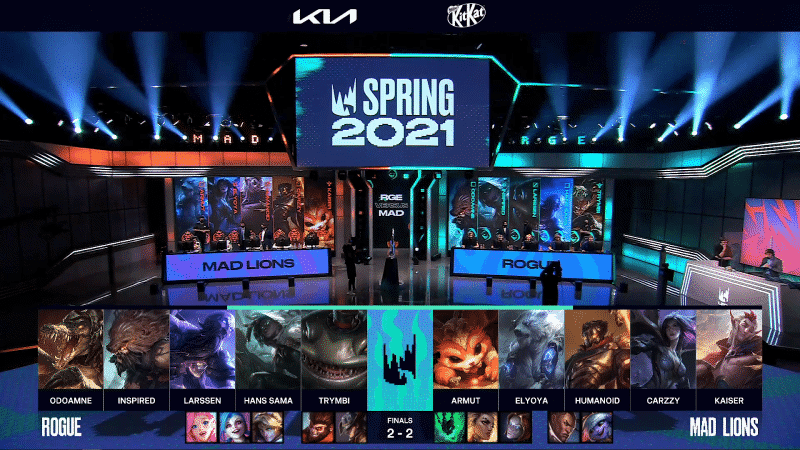 A screenshot from the LEC broadcast for Game Five of the LEC Finals match between G2 Esports and Rogue. The picked and banned champion drafts appear at the bottom of the image with a shot of the LEC stage above.