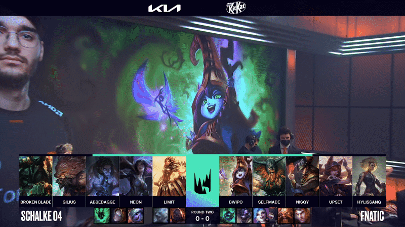 A screenshot from the LEC broadcast for Game One of the playoffs match between Schalke 04 and Fnatic. The picked and banned champion drafts appear at the bottom of the image with a shot of LoL champion Lulu above.