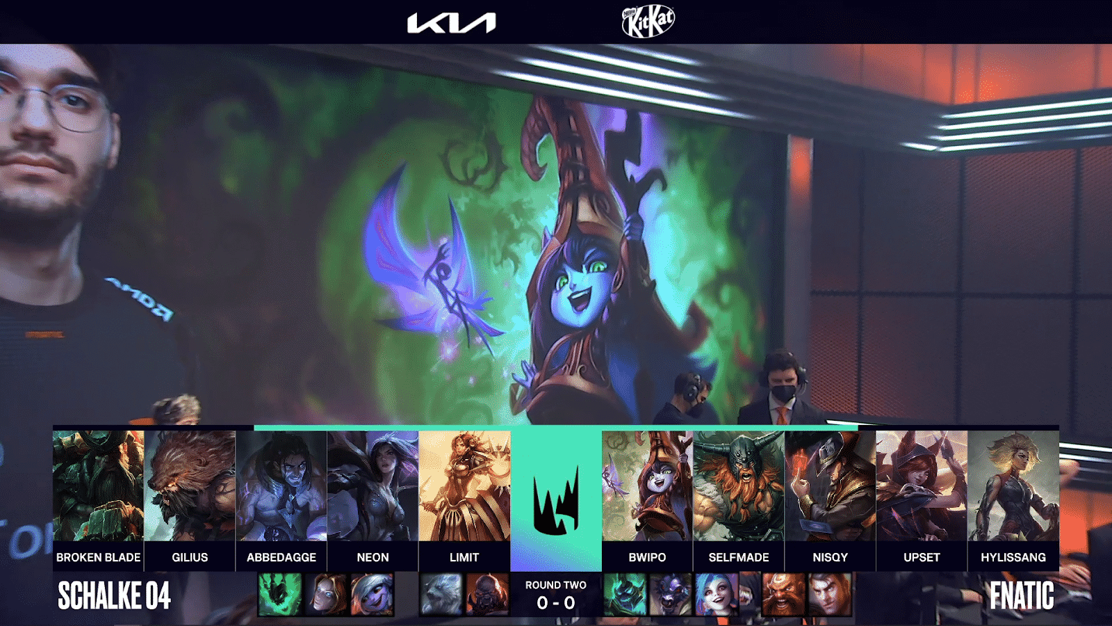 A screenshot from the LEC broadcast for Game One of the playoffs match between Schalke 04 and Fnatic. The picked and banned champion drafts appear at the bottom of the image with a shot of LoL champion Lulu above.