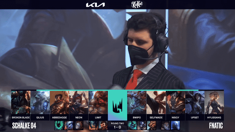 A screenshot from the LEC broadcast for Game Two of the playoffs match between Schalke 04 and Fnatic. The picked and banned champion drafts appear at the bottom of the image with a shot of coach YamatoCannon above.