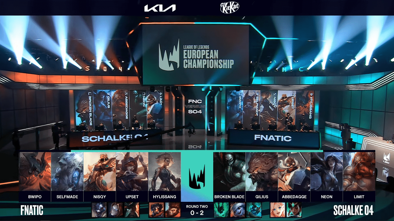 A screenshot from the LEC broadcast for Game Three of the playoffs match between Schalke 04 and Fnatic. The picked and banned champion drafts appear at the bottom of the image with a shot of the LEC studio above.