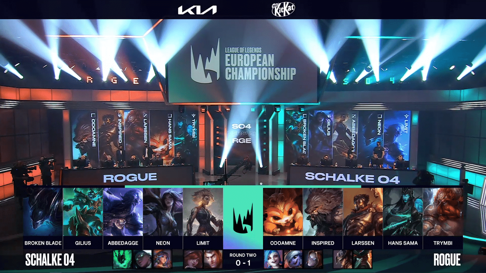 A screenshot from the LEC broadcast for Game Two of the playoffs match between Schalke 04 and Rogue. The picked and banned champion drafts appear at the bottom of the image with a shot of the LEC studio above.