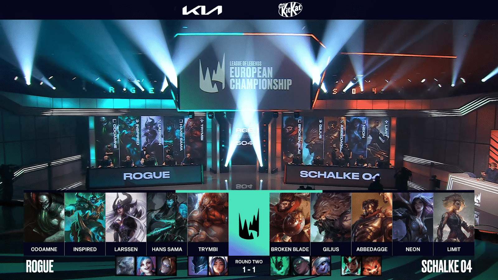 A screenshot from the LEC broadcast for Game Three of the playoffs match between Schalke 04 and Rogue. The picked and banned champion drafts appear at the bottom of the image with a shot of the LEC studio above.