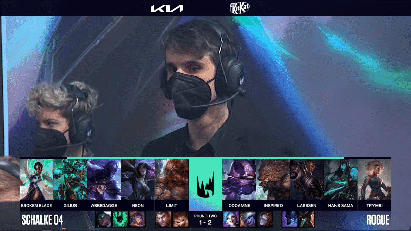 A screenshot from the LEC broadcast for Game Four of the playoffs match between Schalke 04 and Rogue. The picked and banned champion drafts appear at the bottom of the image with a shot of coach Dylan Falco above.