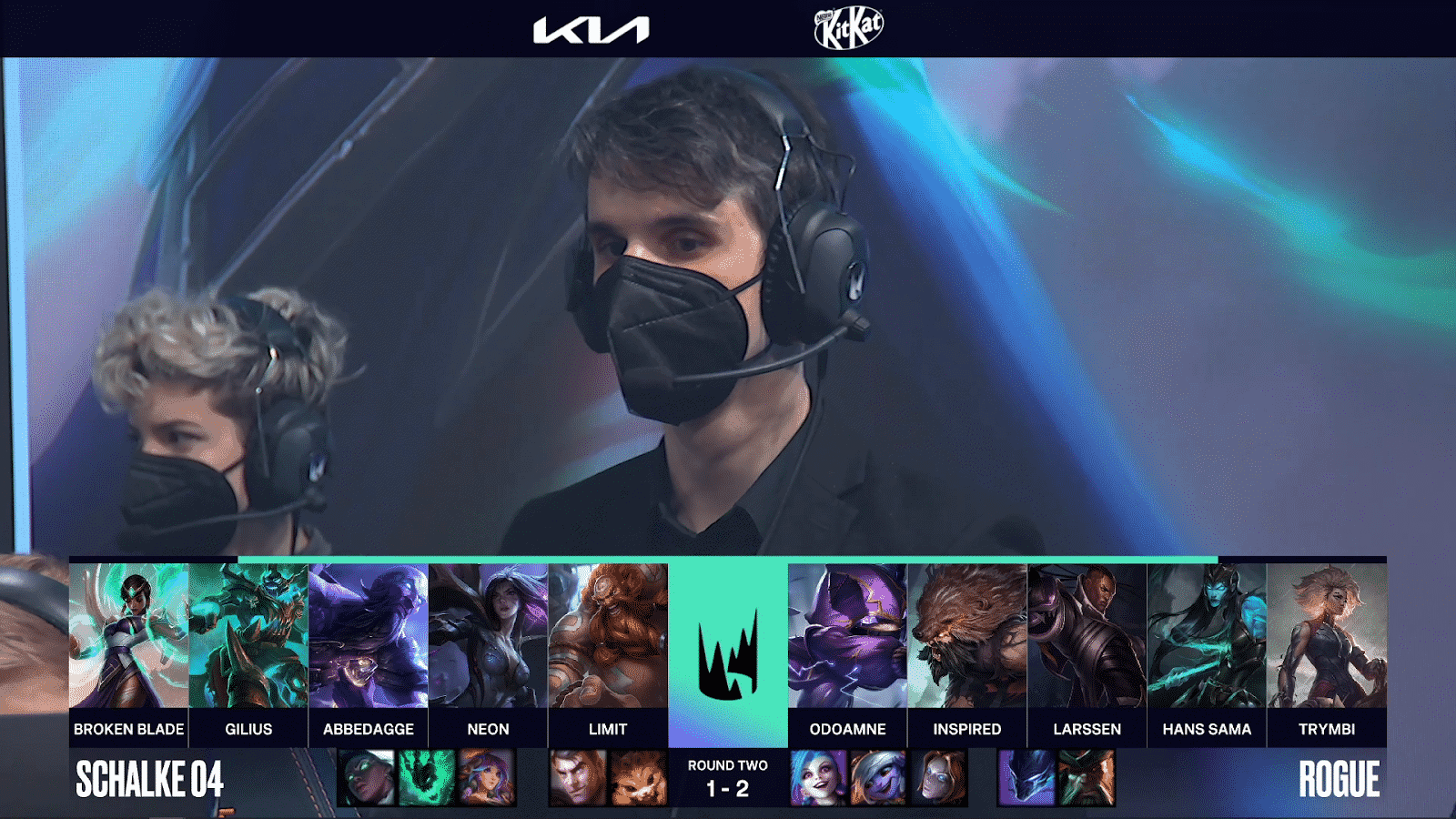 A screenshot from the LEC broadcast for Game Four of the playoffs match between Schalke 04 and Rogue. The picked and banned champion drafts appear at the bottom of the image with a shot of coach Dylan Falco above.