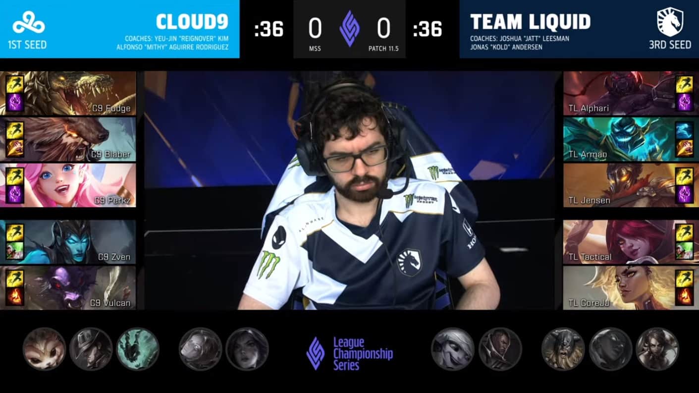 A screenshot from the LCS broadcast for Game One of the Mid-Season Showdown Grand Finals between Team Liquid and Cloud9. The picked and banned champion drafts appear at the sides of the image with a shot of TL Armao in the center.