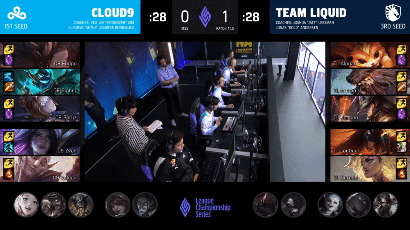 A screenshot from the LCS broadcast for Game Two of the Mid-Season Showdown Grand Finals between Team Liquid and Cloud9. The picked and banned champion drafts appear at the sides of the image with a shot of the C9 team in their booth in the center.