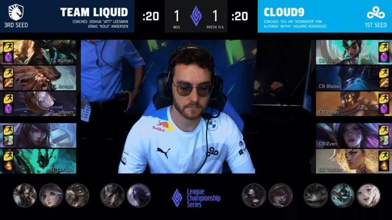 A screenshot from the LCS broadcast for Game Three of the Mid-Season Showdown Grand Finals between Team Liquid and Cloud9. The picked and banned champion drafts appear at the sides of the image with a shot of C9 Vulcan in the center.