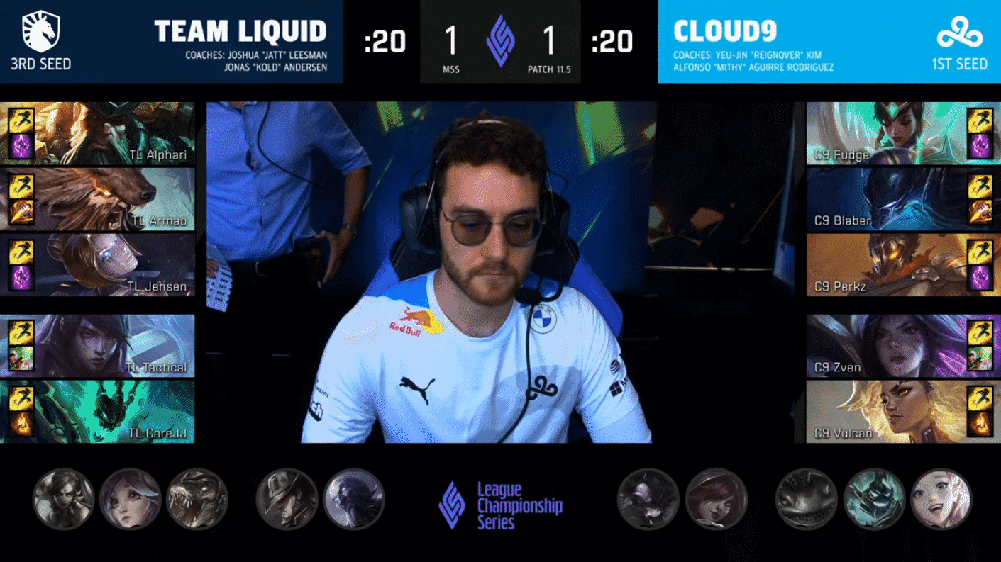 A screenshot from the LCS broadcast for Game Three of the Mid-Season Showdown Grand Finals between Team Liquid and Cloud9. The picked and banned champion drafts appear at the sides of the image with a shot of C9 Vulcan in the center.