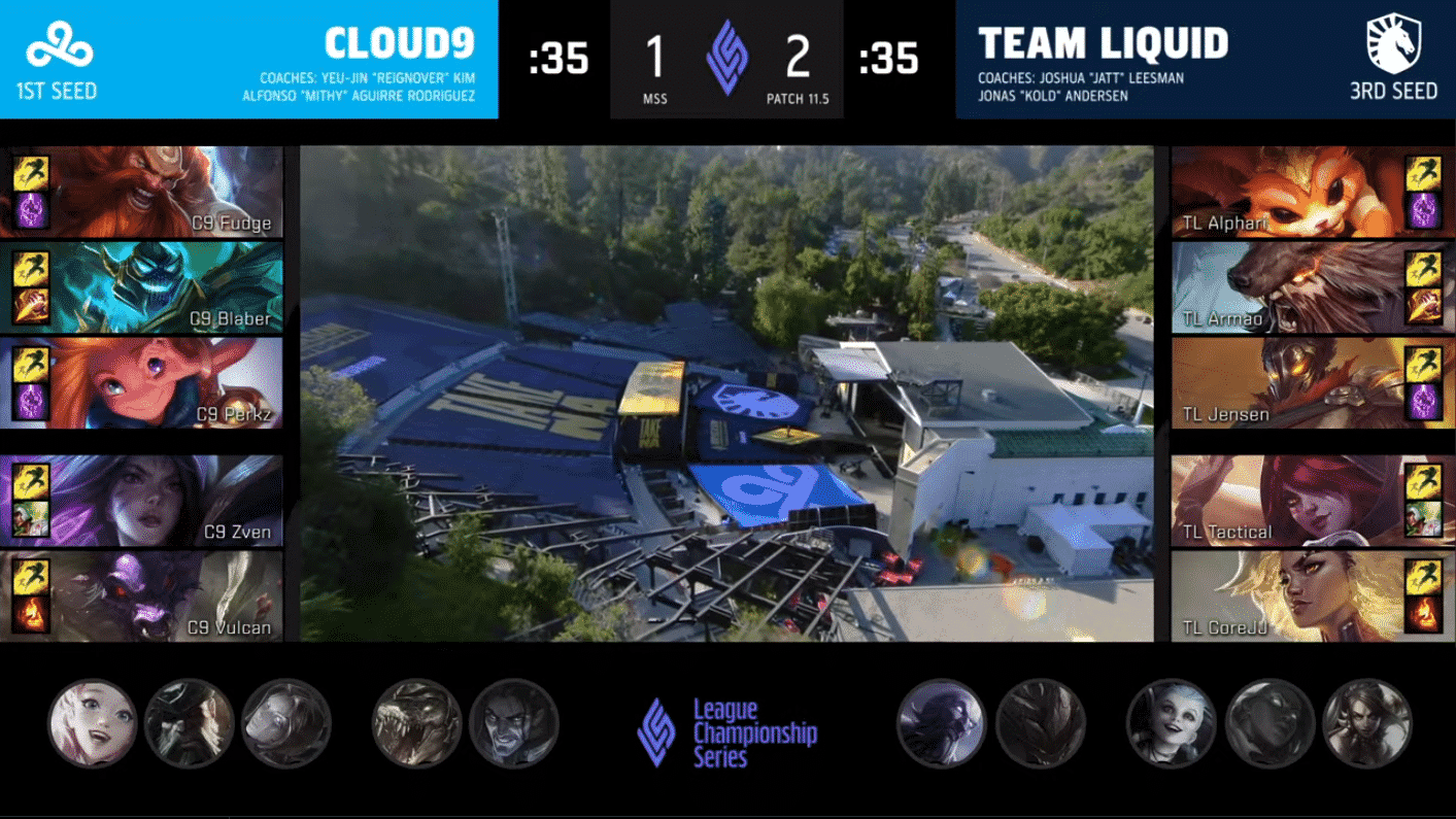 A screenshot from the LCS broadcast for Game Four of the Mid-Season Showdown Grand Finals between Team Liquid and Cloud9. The picked and banned champion drafts appear at the sides of the image with a shot of the Greek Theater in the center.