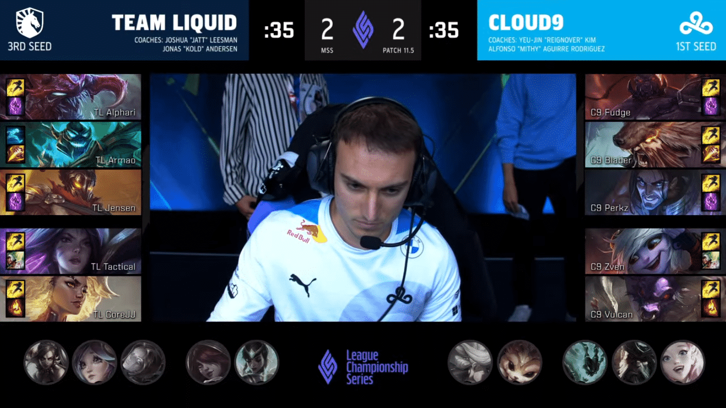 A screenshot from the LCS broadcast for Game Five of the Mid-Season Showdown Grand Finals between Team Liquid and Cloud9. The picked and banned champion drafts appear at the sides of the image with a shot of C9 Perkz in the center.