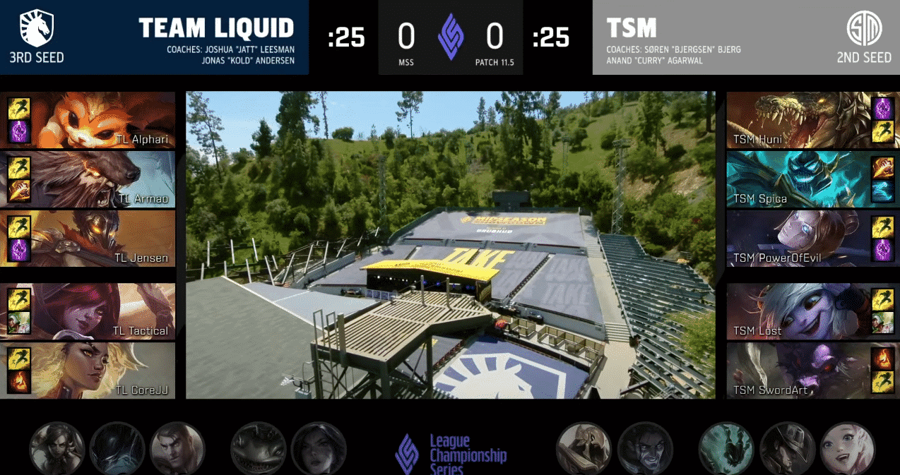 A screenshot from the LCS broadcast for Game One of the Mid-Season Showdown match between Team Liquid and TSM. The picked and banned champion drafts appear at the sides of the image with a shot of the Greek Stadium in the center.