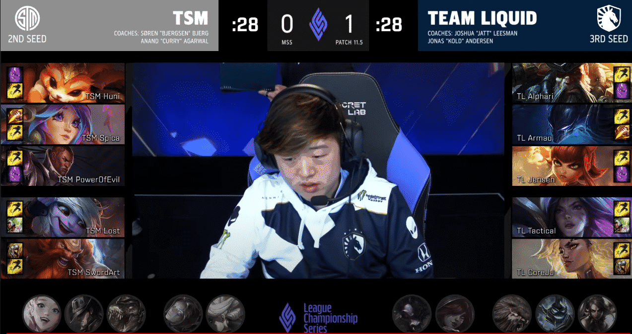 A screenshot from the LCS broadcast for Game Two of the Mid-Season Showdown match between Team Liquid and TSM. The picked and banned champion drafts appear at the sides of the image with a shot of TL Tactical in the center.
