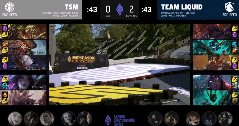 A screenshot from the LCS broadcast for Game Three of the Mid-Season Showdown match between Team Liquid and TSM. The picked and banned champion drafts appear at the sides of the image with a shot of the Greek Theater in the center.