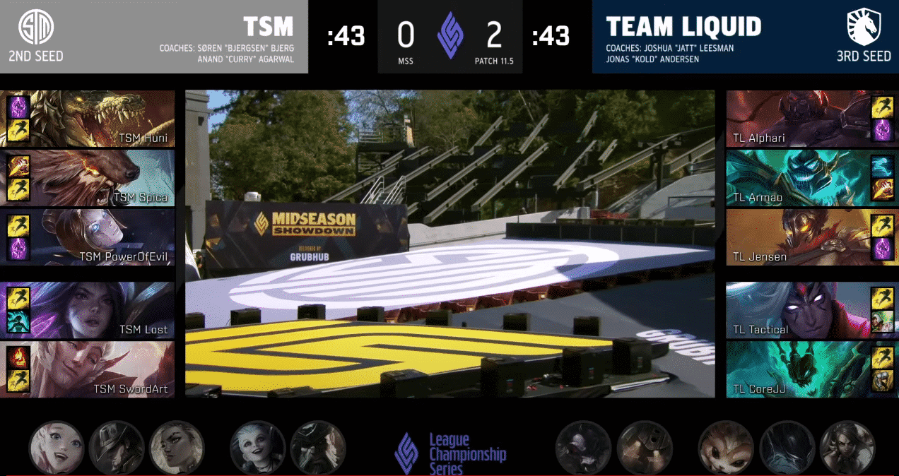 A screenshot from the LCS broadcast for Game Three of the Mid-Season Showdown match between Team Liquid and TSM. The picked and banned champion drafts appear at the sides of the image with a shot of the Greek Theater in the center.