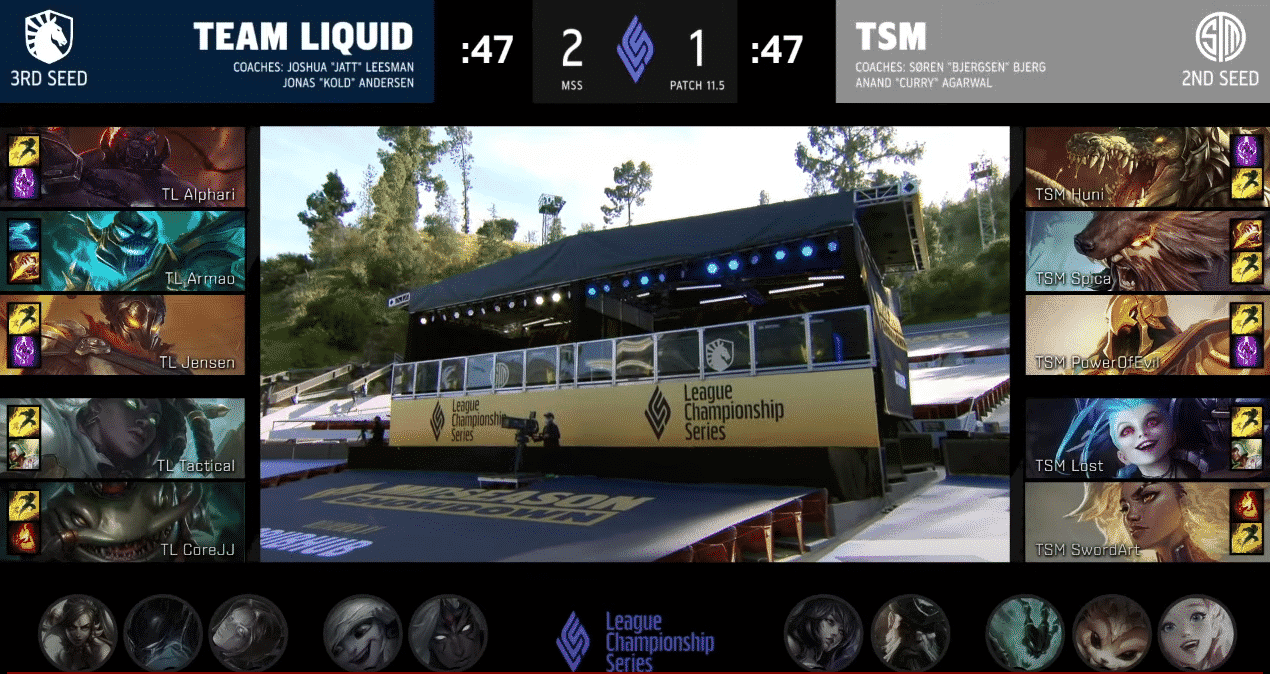 A screenshot from the LCS broadcast for Game Four of the Mid-Season Showdown match between Team Liquid and TSM. The picked and banned champion drafts appear at the sides of the image with a shot of the Greek Stadium in the center.