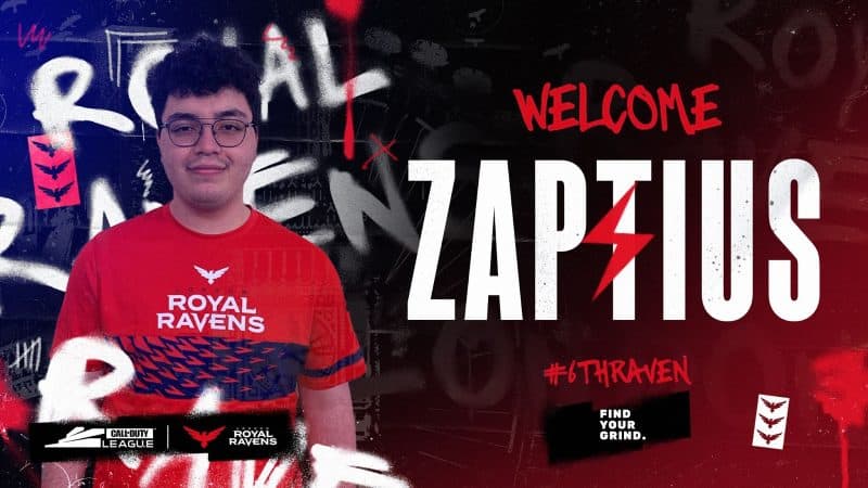 Pro CoD player Alex “Zaptius” Bonilla stands with graffiti behind him and the words "Welcome Zapitus" next to him.