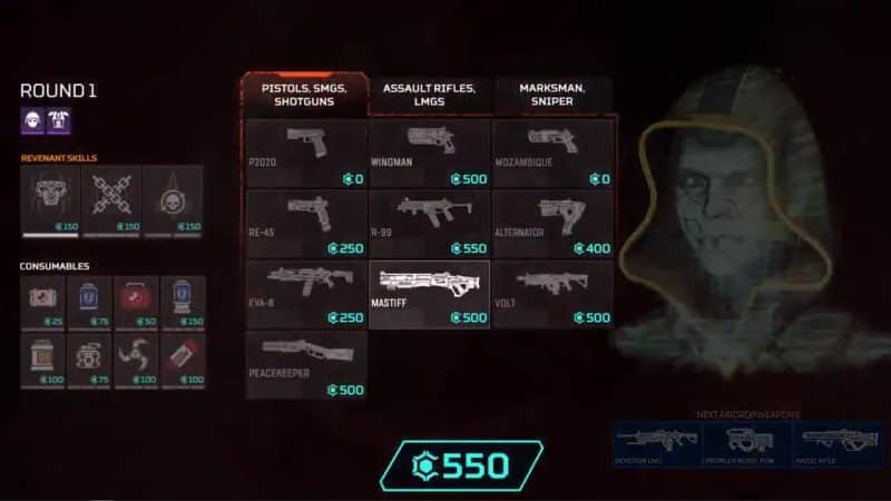 A weapon selection screen from Apex Legends' Arena mode showing a selection of guns with prices on them and a large hooded face to the side.