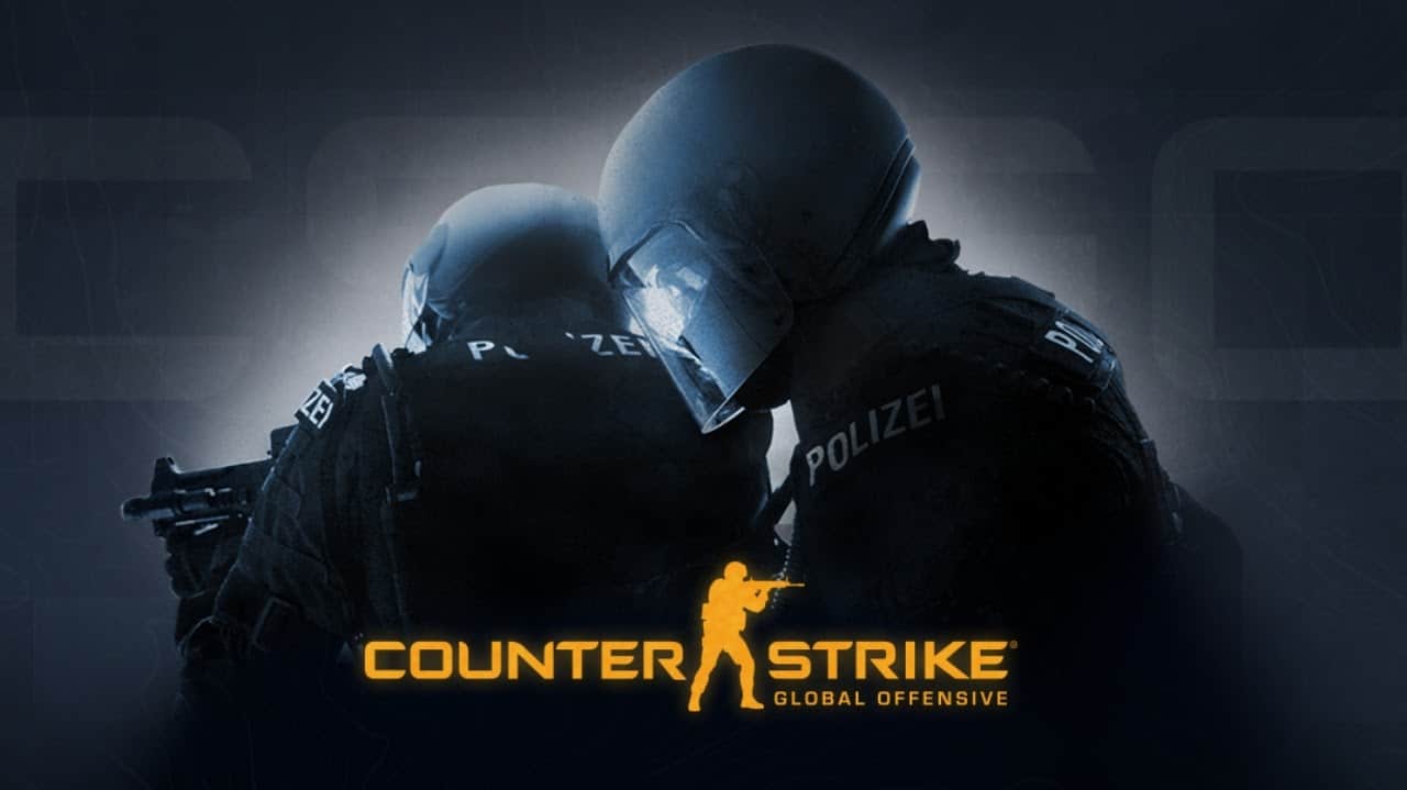 A promotional image for CS:GO, featuring two officers in riot gear. The word "Polizei" can be seen on their jackets. The Counter Strike Global Offensive branding appears along the bottom