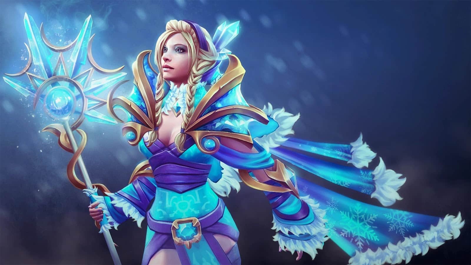 An elemental master of Ice, Rylai the Crystal Maiden holds her staff of icy jewels aloft as snow shimmers around her