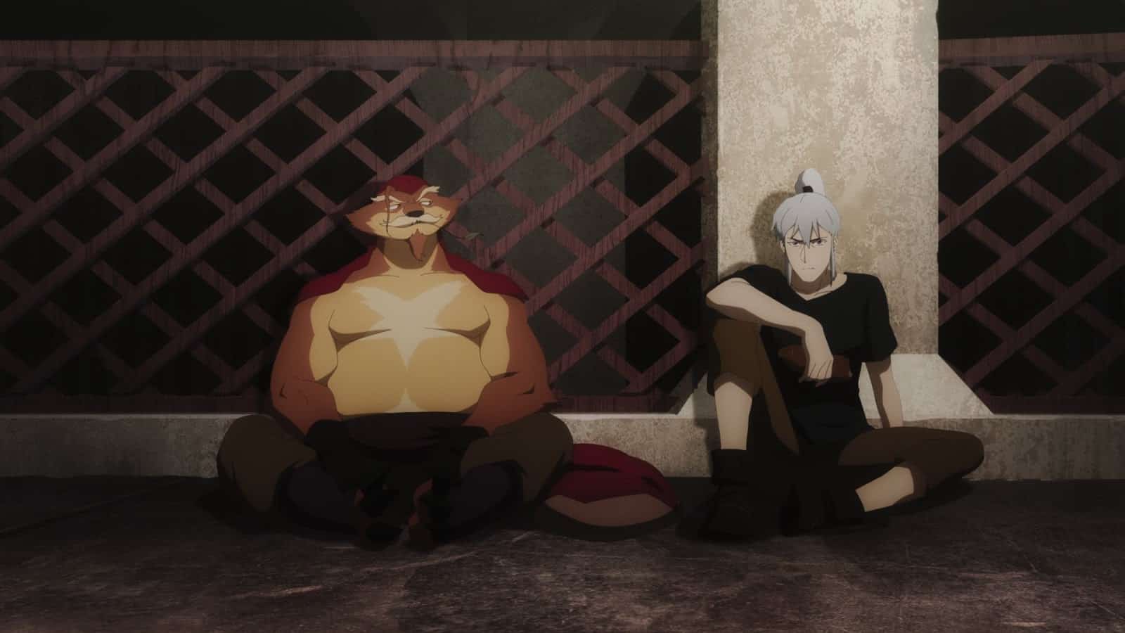 The Dota 2 Heroes Luna and Pangolier appear in the Dragon Blood anime, sitting and relaxing together against a lattice fence