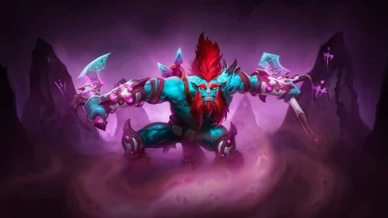 The Dota 2 hero Huskar appears in his Reckless Vigor set, raising his twin swords, ready for battle