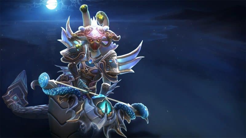 The Dota 2 Hero Medusa appears in her Eye of the Beholder set, weilding a mighty bow with a draconic green eye set into it