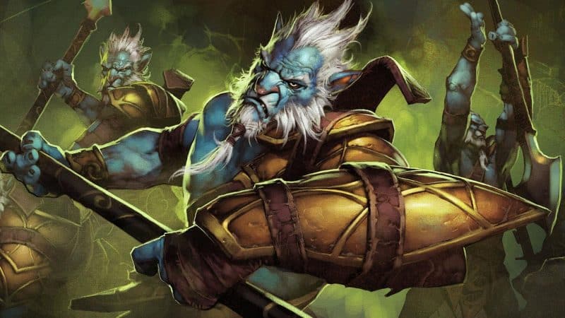 The Dota 2 Hero, Phantom Lancer, charges into battle with his spear and sword at the ready in the official splash art from Valve